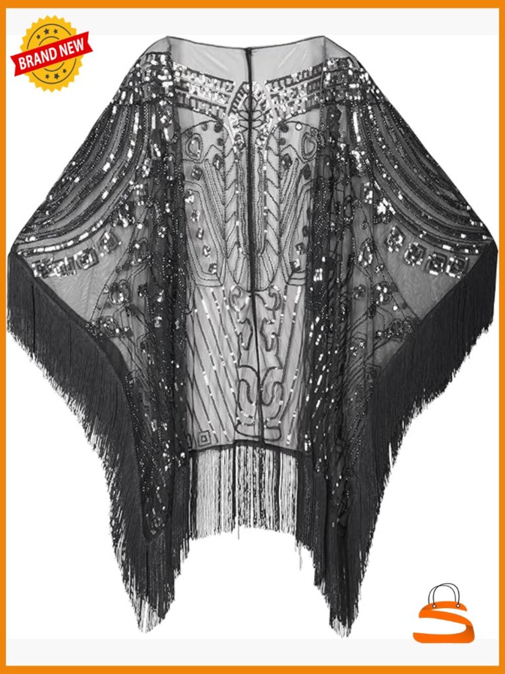Oversized Sequin Beaded Fringed Evening Shawl Wrap Cape
